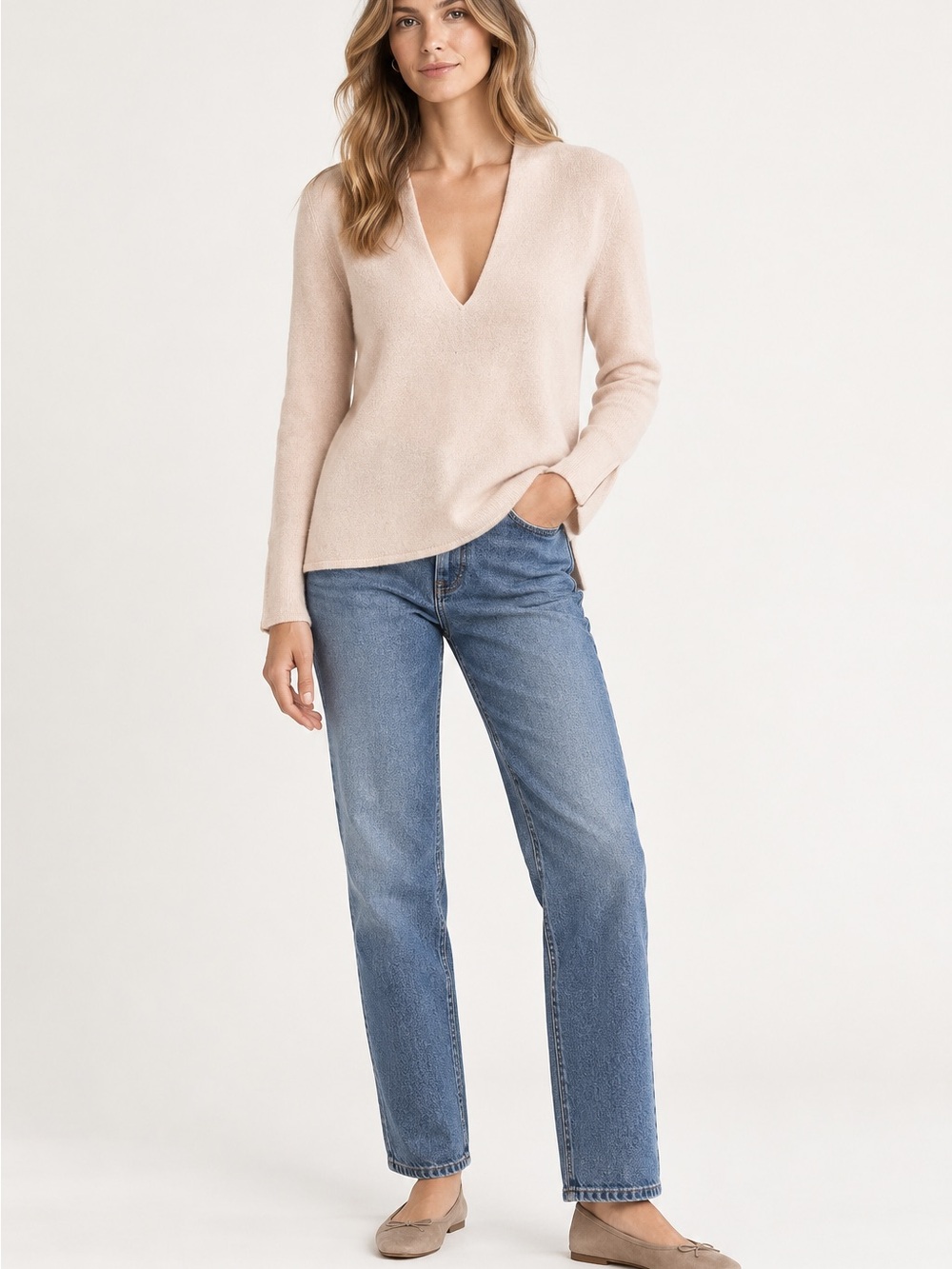White + Warren 100% Cashmere Blush Pink Notch Neck Sweater Large
